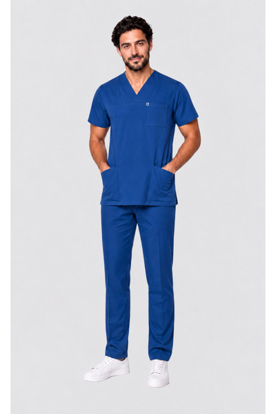DENİZ İŞ Ανδρικό σετ Scrubs από βαμβάκι Tery με γιακά φακέλου, Μπλε, Μπλε Σαξ...