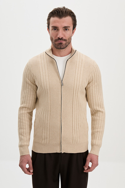 Mcr Striped Slim Fit Cashmere Zippered Side Pocket Stand Collar Men's Knitwea...
