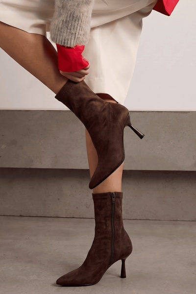 SHOEBELLAS Bary Acı Kahve Süet Streç Fermuarlı Kadın Topuklu Bot