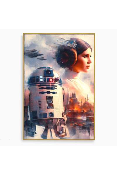 Luxcanva Tablou Canvas Leia 70x100 cm cu Rama Auriu Robot Personaj Femeie