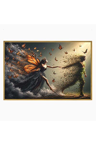 Luxcanva Tablou Canvas Dansul Fluturilor 70x50 cm cu Rama Auriu Fantezie Tran...
