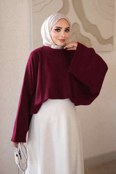 İmajButik Burgundy Bat Sleeve Oversize Knitwear Sweater