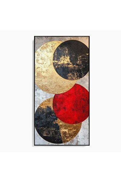 Luxcanva Tablou Canvas Cercuri Abstracte Metalice 70x140 cm cu Rama Negru Ros...