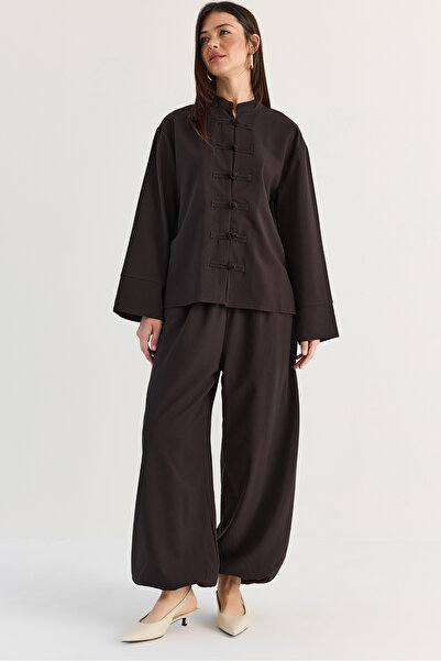 Bianco Lucci Women's Bitter Coffee Chinese Button Oversize Blouse Rubber Leg ...