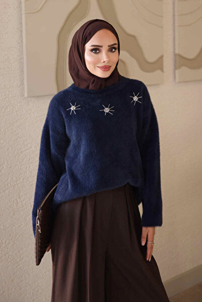 İmajButik Navy Blue Crew Neck Stoned Angora Soft Knit Sweater