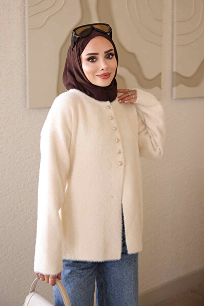 İmajButik Cream Buttoned Angora Soft Knit Cardigan