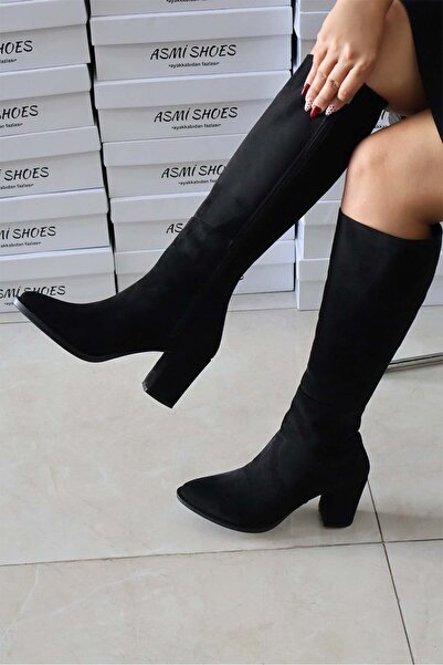 asmi shoes Women's Lamor Black Suede 7 cm Heeled Side Zipper Below the Knee B...