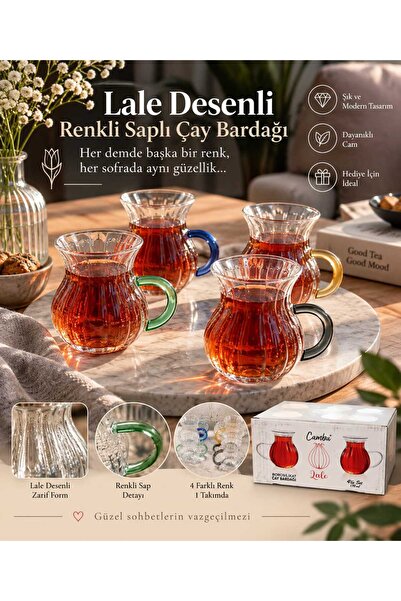Cambu Lale Desenli 4'lü Renkli Saplı Çay Bardağı Seti