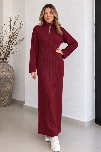 benguen Ribbed Knitwear Dress with Zipper on the Collar K3067 Claret Red