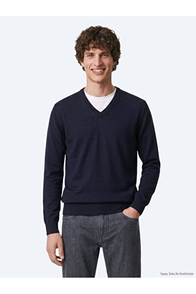 Kip Navy Blue Plain Knitted Wool Blended Sweater