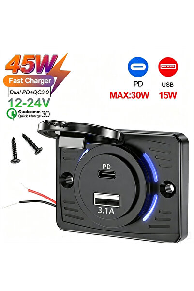 Choice 5V PD 3.1A 12V-24V PD+USB Car Charger Socket 45W Fast Charge, Blue LED...