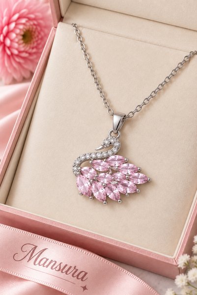 Mansura Kuğu Pembe Zirkon Taşlı Çelik Kolye Hediyelik