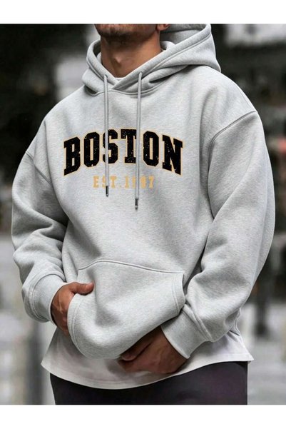 MITHRAS OUTDOORS Unisex Gray Boston Est 1997 Printed Hooded Sweatshirt Printe...