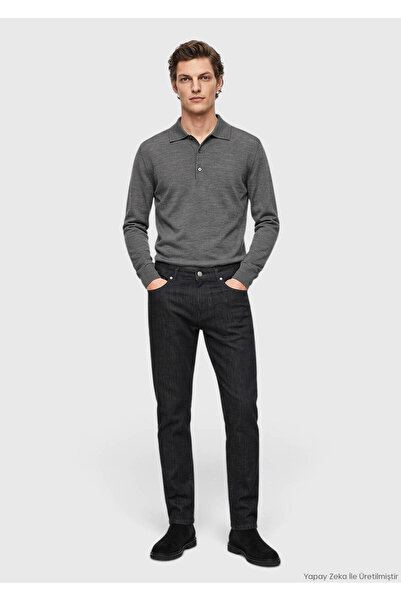 Ramsey Black Straight Slim Fit Denim Cotton Blend Trousers