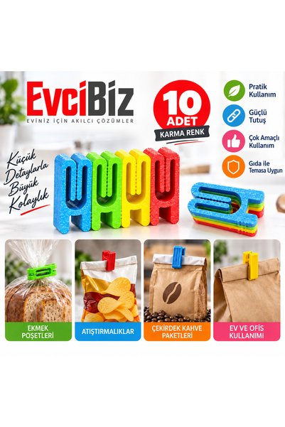 Poşet Paket Mandalı Klipsi 10'lu Karma Renk PLA Çevre Dostu Kese ve Ambalaj Mandalı