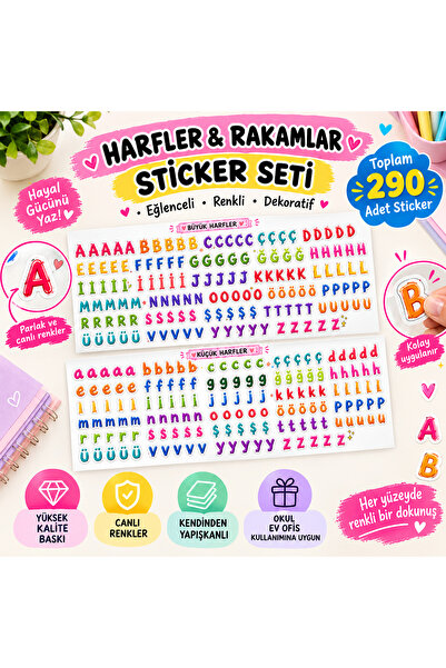 Türkçe Alfabe Harf Sticker Seti Büyük Küçük Harf 290 Adet Renkli Kendinden Yapışkanlı Okul Etiketi Dekoratif Sticker
