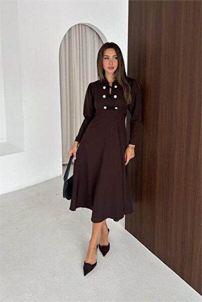 Neşeli Butik Γυναικείο μίντι φόρεμα σε γραμμή Α με μακριά μανίκια και λεπτομέ...