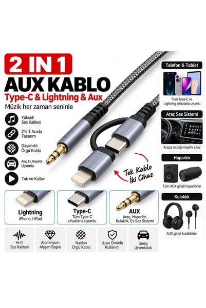 HADRON GJ027 Type-C Lightning 3.5 mm Ses Kablosu Siyah Gri