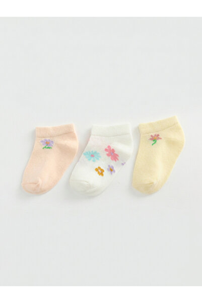 LC Waikiki Nevavm Pink Floral 3-Pack Girls' Booties Socks with a Difference