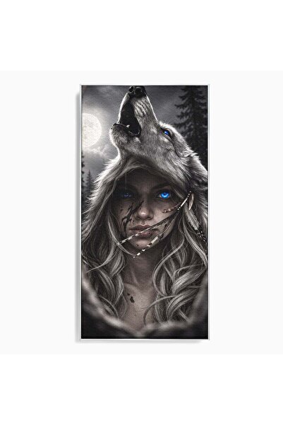 Luxcanva Tablou Canvas Femeie Lup Sub Luna 50x100 cm cu Rama Argintiu Noapte ...