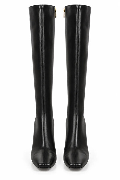uqpe Women's Knee-Length Thin Heeled Crocodile Patterned Zippered Long Boots - Siena - Black Leather