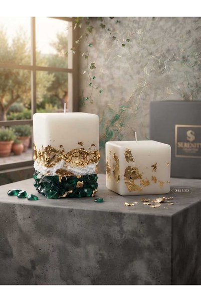 Mini Kaide Vanilya Kokulu Soya Wax Mum İkili Set 5*5 cm ve 8*5 cm Altın Varaklı El Yapımı Dekoratif Obje Kristal Cam Taş Beton Taştozu Silindir Blok Kütük Kandil Şamdan Parafin Epoksi Reçine