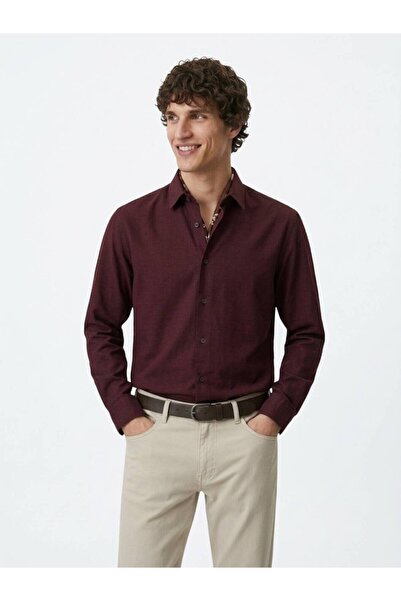 Kip Burgundy Plain Regular Fit Long Woven Casual 100% Cotton Shirt