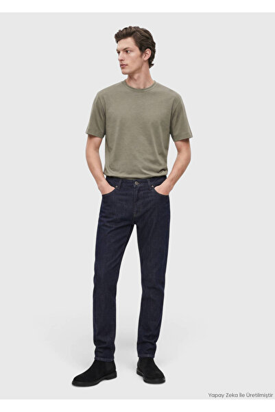 Ramsey Navy Blue Plain Regular Fit Denim Cotton Blend Trousers