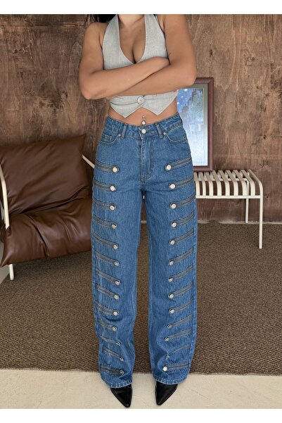 Swet Shop Jeans Kadın Mavi Yüksek Bel Düğme Detaylı Özel Tasarım Napolyon Den...
