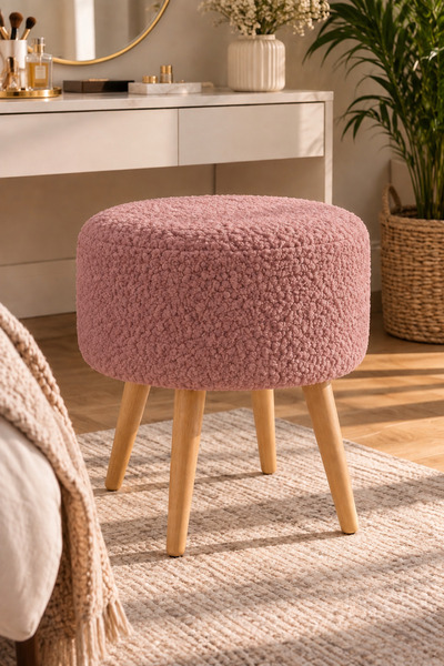 ygdecor Bulut Bukle Kumaş Yuvarlak Puf Makyaj Masası Sandalyesi Ahşap Ayaklı ...