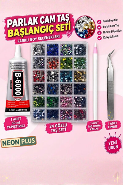 NEON PLUS Bedazzling Kit 24 Renk, Hotfix Ütü İle Yapışan Taş, Yapıştırıcı, Cı...