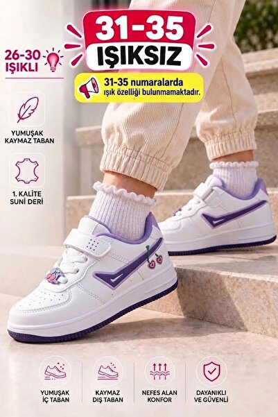 AlbiShoes Çocuk Işıklı Okul Günlük Spor Ayakkabı Kiraz Desenli Cırtlı Kaymaz Taban Rahat Sneaker