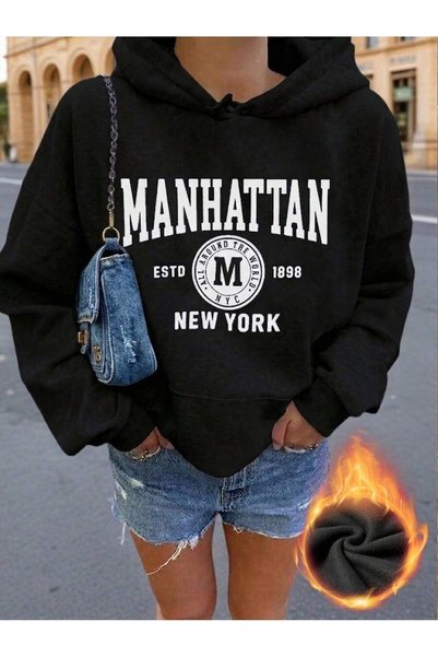 MITHRAS OUTDOORS Unisex Black Manhattan Printed Hooded Sweatshirt Printed Pre...