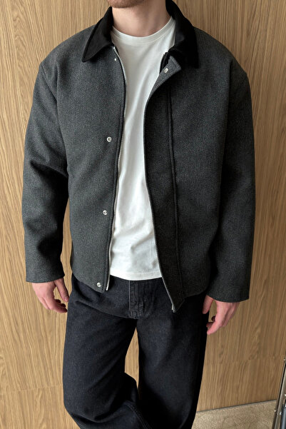 Livio Ferri Tartu Double Color Shirt Collar Zippered Wide Men's Cashmere Jacket
