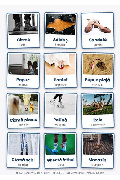 OEM Flashcards Incaltaminte Engleza Romana, 12 Carduri Educative, Carton 250g...