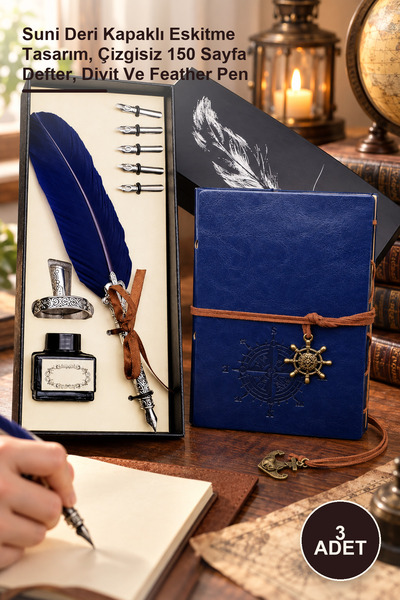 Yenilig 3-Piece Leather Notebook and Feather Pen Gift Set – Antique Design wi...