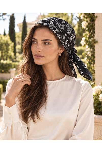 tarzınısec Choose Your Style Black Night Garden Patterned Lace Embroidery Cut Scarf / Bandana 70 X 70 cm