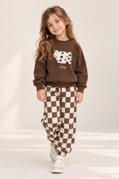 Zekalya Girls and Boys Cow Printed Sweatshirt Checkered Pants Cotton Set