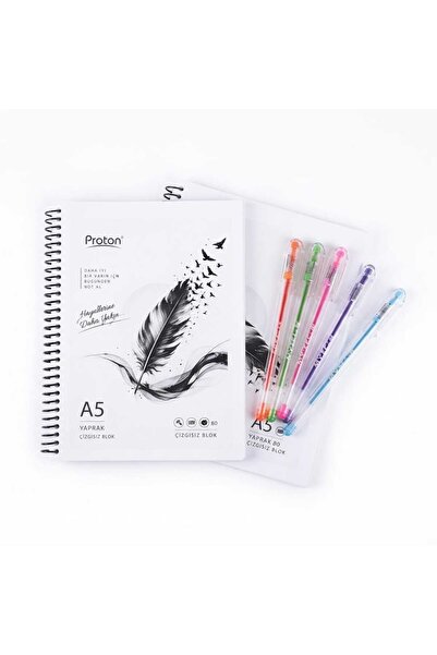 Proton 2Pcs 80 Sheets A5 Spiral Unlined Notebook & 5Pcs Colorful Ballpoint Pe...