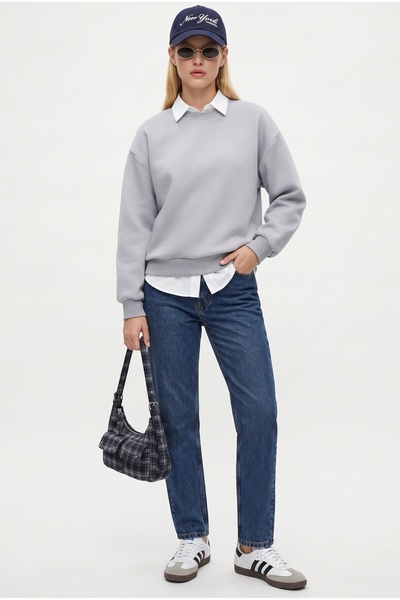 Ritnice Kadın New Cozy Polarlı Basic Bisiklet Yaka Pamuklu Örme Gri Sweatshirt