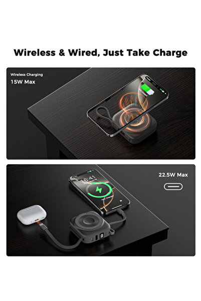 CHOETECH Wireless Power Bank 10000mAh 22.5W, Portable Charger with Built-in USB-C Cable, for iPhone & Samsung B697C