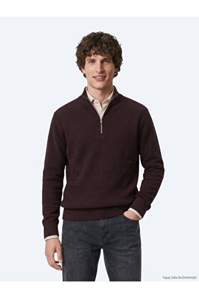 Kip Bordo Organik Çizgili Pamuk Karışımlı Triko Kazak