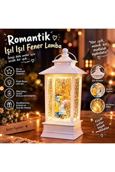 Işıklı Kule Kar Küresi Sevgili Çift (Beyaz-Krem)