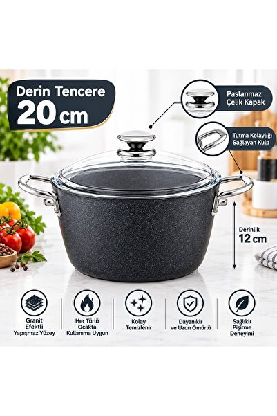 FMS Galaxy Granite Deep Pot 20 cm Metal |   Non-Stick Coating | 4mm |   Durab...