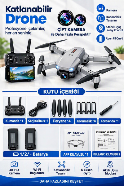 Chermik 4K Çift Kameralı Katlanabilir Drone WiFi APP Kontrollü FPV Quadcopter 2 Bataryalı E88