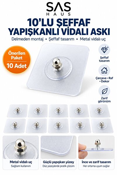 Sas Haus 10 Adet Delmeden Yapışkanlı Vidalı Askı Şeffaf Çerçeve Tablo Raf Tut...