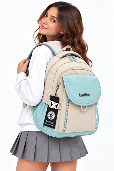 Harmela Water Resistant Fabric Daily Lightweight School Backpack 2602 Beige-Blue