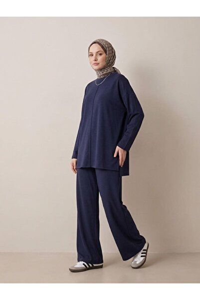 Foremia Front Stitched Slit Detail Trouser Suit - Navy Blue
