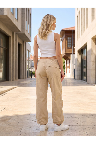 harmony factory Kadın Krem Wide Leg Yüksek Bel Bol Paça Kumaş Pantolon Ofis Günlük Palazzo