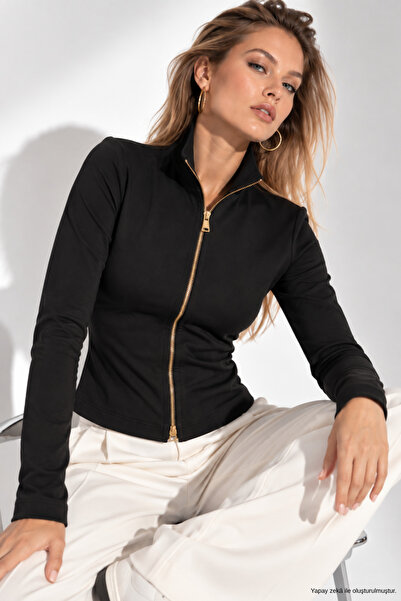 Rich Women's Black Double Zipper Body-Hugging Basic Cardigan
